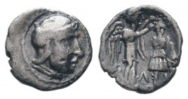 SYRIA.Seleucis and Pieria. Seleukos I Nikator. 312-281 BC.Susa mint. AR Obol. Head of hero right, wearing helmet covered with panther skin and adorned...
