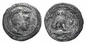 ATTICA.Athens.Circa 165-42 BC.AR Drachm.Helmeted head of Athena right / Owl standing right, head facing, on amphora; magistrates’ names in fields, win...