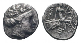 EUBOIA.Histiaia.3rd-2nd Centuries BC.AR Tetrobol.Wreathed head of the nymph Histiaia right / ΙΣΤΙ ΑΙΕΩΝ, nymph seated right on prow of galley; wing on...