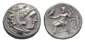 KINGS of MACEDON. Philip III.322-319BC.Kolophon mint. AR Drachm . Head of Herakles right, wearing lion skin headdress / AΛEΞANΔPOY, Zeus Aetophoros se...
