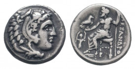 KINGS of MACEDON. Alexander III. The Great.336-323 BC.Posthumous issues.Lampsacus mint.AR Drachm.Head of Herakles right, wearing lion skin headdress /...
