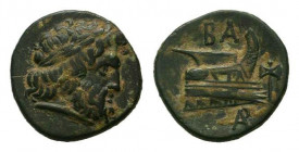 KINGS of MACEDON.Demetrios I.306-283 BC. Uncertain mint in Caria.AE Bronze.Laureate and bearded head of Zeus to right / Β Α, prow of galley to right, ...