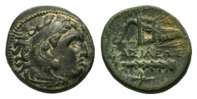 KINGS of MACEDON. Alexander III. 336-323 BC. Uncertain mint in western Asia.AE Bronze.Head of Herakles right, wearing lion skin / ΒΑΣΙΛΕΩΣ, bow in qui...