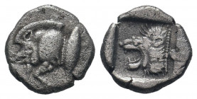 MYSIA.Cyzicus.Circa 525-475 BC. AR Obol. Forepart of running boar left / Head of lion left within incuse square. SNG France 376; SNG Aulock 7334.Good ...