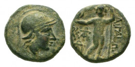 AEOLIS.Aegae.2nd-1st Century. BC.AE Bronze.Helmeted head of Athena right / AIΓAEΩN, Zeus standing facing, holding eagle and sceptre, three monograms i...