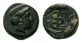 TROAS. Zeleia.4th century BC.AE Bronze. Head of Artemis right, wearing stephane / Ζ E Λ E, Monogram within wreath of grain ears. SNG Copenhagen 503-50...