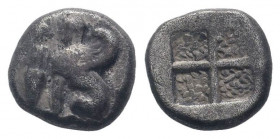 ISLANDS of IONIA.Chios.Circa 431-412 BC. AR Drachm .Sphinx seated left, grapes and amphora before / Quadripartite granulated incuse square.SNG Aulock ...