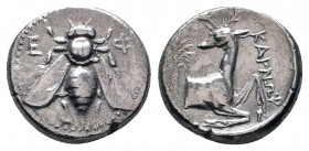 IONIA.Ephesos. Circa 390-325 BC. AR Tetradrachm.Ε-Φ, Bee with straight wings / ΚΑΡΝΩΨ, forepart of stag right, head left, behind, palm tree, in right ...