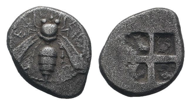 IONIA.Ephesos.Circa 500-420 BC.AR Drachm. ΕΦEΣION, bee / Quadripartite incuse sq...
