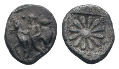IONIA. Erythrai. Circa 480-450 BC. AR Drachm . Nude male leading horse right, holding rein; barley grain to upper right / Rosette pattern within incus...
