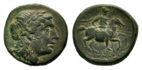 IONIA.Kolophon circa 330-285 BC.AE Bronze.Laureate head of Apollo right / KOΛ IKEΣIOΣ, horseman holding spear pointed forwards and with chlamys flying...