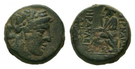 IONIA.Smyrna.2nd - 1st Century BC.AE Bronze.Laureate head of Apollo right / ZMYΡNAIΩN HΡAKΛEI, Homer seated left, holding scroll on knees, hand raised...