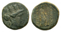 IONIA.Smyrna.125-115 BC.AE Bronze.Turreted head of Tyche right / Aphrodite Stratonikis standing right, resting arm on column, holding Nike, sceptre be...