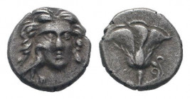 ISLANDS of CARIA.Rhodos. Circa. 275-250 BC. AR drachm. Head of Helios facing, turned slightly right / Rose with single bud on tendril to right. HGC 6,...