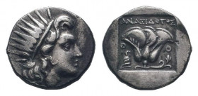 ISLANDS of CARIA.Rhodos.Circa 190-170 BC. AR Drachm. Radiate head of Helios to right / ΑΝΑΞΙΔΟΤΟΣ above and P-O flanking rose with bud to right; in le...
