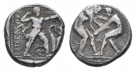 PAMPHYLIA. Aspendos.Circa 370-330 BC.AR Stater .Two wrestlers grappling, M between / EΣTFEΔIIVΣ, Slinger in throwing stance right, triskeles to left.G...