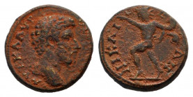 BITHYNIA.Nicaea.Lucius Verus.161-169 AD.AE Bronze.ΑV Κ Λ ΑVΡ ΟVΗΡΟϹ ϹΕΒ, bare head of Lucius Verus, right / ΝΙΚΑΙƐΩΝ, nude radiate-headed Helios advan...