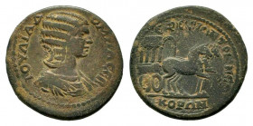 IONIA. Ephesus. Julia Domna.193-217 AD.AE Bronze.IOYΛIA ΔOMNA CЄB, draped bust of Julia Domna, right / ЄΦЄϹΙΩΝ TPIC NЄΩKOPΩN, carpentum drawn right by...