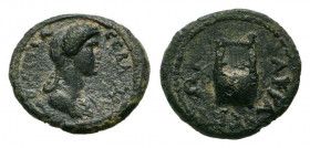 LYDIA.Nacrasa.Domitia 81-96 AD.AE Bronze.ΔΟΜΙΤΙΑ ϹƐΒΑϹΤΗ, draped bust of Domitia, right / ΝΑΚΡΑϹƐΙΤΩΝ, lyre.RPC II online 935; SNG Copenhagen 297.Fine...