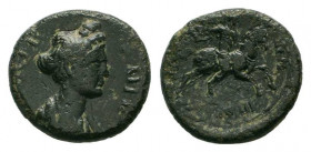LYDIA.Sardes.Marciana. 105-11 AD.AE Bronze.	ΜΑΡΚΙΑ ϹΕΒΑϹΤΗ, draped bust of Marciana, right / ϹΑΡΔΙΑΝΩΝ ΠΕΛΟΨ, Pelops, clad in chiton, galloping right,...