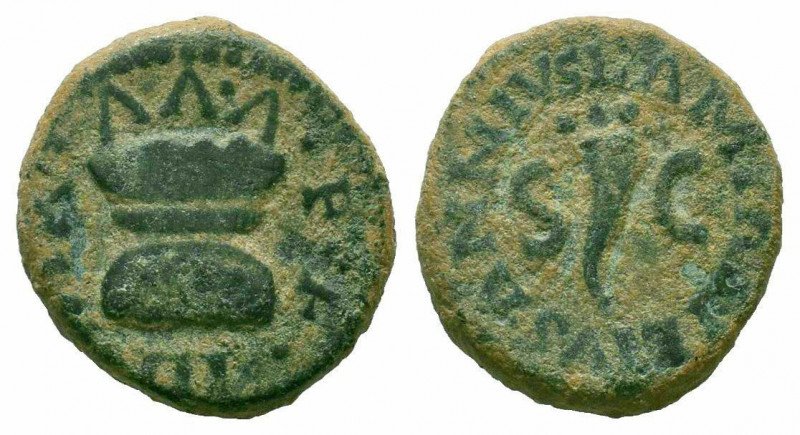 AUGUSTUS.27 BC-AD 14.Rome Mint.AE Bronze.IIIVIR A A A F F, Altar with bowl-shape...