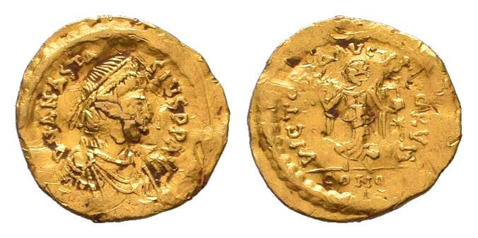 ANASTASIUS I.491-518 AD.Constantinopolis mint.AV Tremissis.D N ANASTASIVS P P AV...