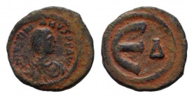 JUSTINIAN I.527-565 AD.Constantinople mint.AE Pentanummium.DN IVSTINIANVS PP AVG, pearl diademed, draped, cuirassed bust right / Large Є, Δ. Sear 170;...