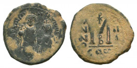 HERACLIUS and HERACLIUS CONSTANTINE.610-641 AD.Constantinople mint.AE Follis.Heraclius, bearded, on left, and Heraclius Constantine, on right, standin...