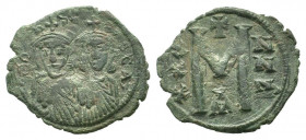 LEO III & CONSTANTINE V.717-741 AD.Constantinople mint.AE Follis.Crowned facing busts of Leo and Constantine, each holding akakia / Large M between XX...