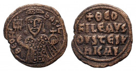 THEOPHILUS. 830-842 AD. Constantinople mint.AE Follis. ThEOFIL bASIL, crowned, three-quarter length figure of Theophilus facing, pellets on crown, wea...