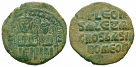 LEO VI.886-912 ad.Constantinople Mint.AE Follis.LEON S ALEXANDROS; Leo on left and Alexander on right, both crowned and wearing loros, seated facing o...