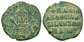 ROMANUS I.920-944 AD.Constantinople Mint.AE Follis. + RωmAn? bASILЄVS Rωm; crowned bust of Romanus I facing wearing chlamys; holding transverse labaru...