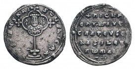 NICEPHORUS II.963-969 AD.Constantinople mint.AR miliaresion. +IhSUS XPISTUS NICA, cross crosslet set upon globus above two steps, in central medallion...