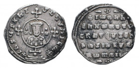 NICEPHORUS II.963-969 AD.Constantinople mint.AR miliaresion. +IhSUS XPISTUS NICA, cross crosslet set upon globus above two steps, in central medallion...