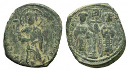 CONSTANTINE X DUCAS.1059-1067 AD. Constantinople mint.AE Follis. +EMMA NOVHA, Christ standing facing on footstool, wearing nimbus and holding Gospels,...