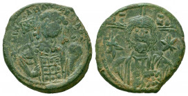 MICHAEL VII DUCAS.1071-1078 AD.Constantinople Mint.AE Follis. IC - XC; Facing bust of Christ Pantokrator; star to left and right / MIXAIΛ BACIΛ O Δ; F...