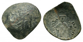 LATIN RULERS OF CONSTANTINOPLE. 1204-1264 AD. Thessalonica mint.AE Trachy.Christ, bearded and nimbate, seated upon thron / Half-length figure of emper...