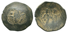 LATIN RULERS OF CONSTANTINOPLE. 1204-1264 AD. Thessalonica mint.AE Trachy.Christ Pantokrator enthroned facing / Half-length figures of St. Helena and ...