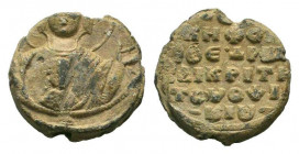 BYZANTINE LEAD SEAL.Circa 11 th Century.PB Seal.Bust of St. George facing, nimbate / Legend in five lines.Fine.

Weight : 9.6 gr

Diameter : 22 mm