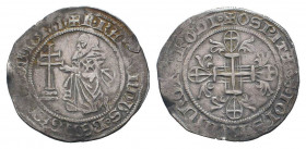 CRUSADERS.Knights of Rhodes.Raymond Bérenger.1365-1374 AD. AR Gigliato.+F RAIMVNDVS BERENGARII D, Grand Master kneeling left before cross potent on th...