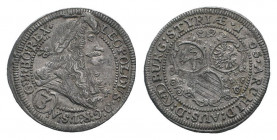HOLY ROMAN EMPIRE. Leopold I .1657-1705 AD.Graz 1705.AR 3 Kreuzer. LEOPOLDUS D G R I S A G H BO REX, Laureate, draped and armored bust right / ARCHID ...