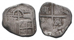 SPAIN. Philip III.1602-1609 AD. Sevilla mint.AR Cob.Crowned coat-of-arms, assayer marks (S above B?) to left, I to right / Arms of Castille and Leon w...