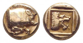 LESBOS.Mytilene. Circa 454-427 BC. EL Hekte. Forepart of boar right / Head of roaring lion right within linear square. Bodenstedt 41; .Good very fine....