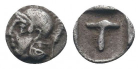 ARKADIA.Tegea. Circa 423-400 BC. AR Obol. Laureate head of Athena Alea left / Large T within incuse circle. BCD Peloponnesos 1719; HGC 5, 1049.Good ve...