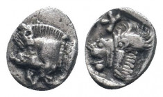 MYSIA.Cyzicus.Circa 450-400 BC.AR Obol. Forepart of boar left / K (retrograd) Lion head left, all within incuse square. SNG Aulock 1215; Klein 266.Goo...