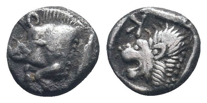 MYSIA.Cyzicus.Circa 450-400 BC.AR Obol. Forepart of boar left / K (retrograd) Li...