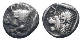 MYSIA.Cyzicus.Circa 450-400 BC.AR Obol. Forepart of boar left / K (retrograd) Lion head left, all within incuse square. SNG Aulock 1215; Klein 266.Goo...