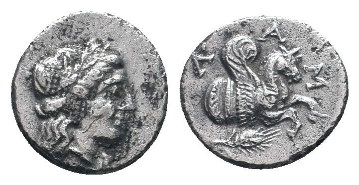 MYSIA. Lampsakos.Laureate head of Apollo with long hair right / ΛΑΜ, Forepart of...