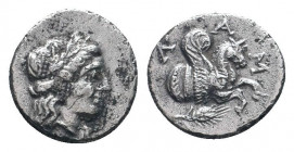 MYSIA. Lampsakos.Laureate head of Apollo with long hair right / ΛΑΜ, Forepart of Pegasos right, grain ear below. SNG BN 1216-1218.Good fine. 

Weight ...