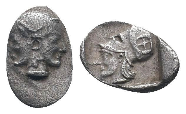 MYSIA.Lampsakos. Circa 500-450 BC. AR Obol . Janiform female heads / Helmeted he...